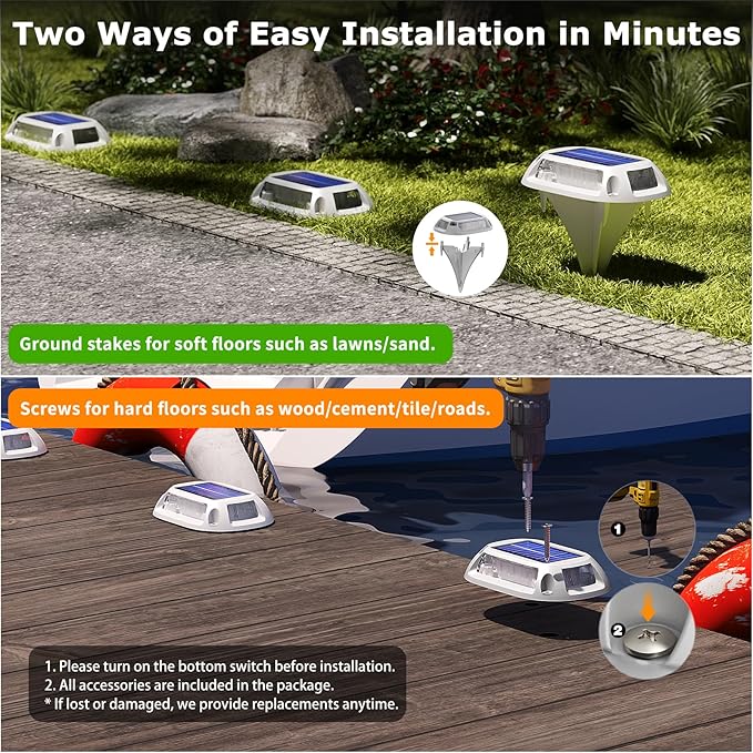 4Pack Aluminum Alloy Solar Driveway Lights, IP68 Solar Deck Light Marine Dock Lights Outdoor Waterproof, Multi-color LED Driveway Markers for Walkway, Path Decor [12Modes - Strobe/RGB/Fix-color]