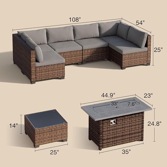 Qsun 8 Pieces Outdoor Patio Furniture Set with 44.9" Fire Pit Table, All-Weather Wicker Outdoor Patio Sectional Set with Coffee Table, for Garden Backyard