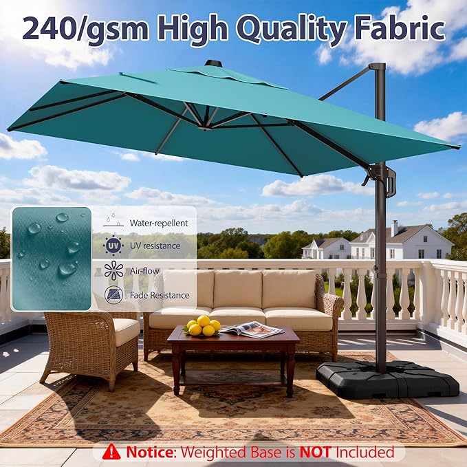 9' X 12' Cantilever Patio Umbrella Rectangle Outdoor Umbrella, 6-Level Tilt & 360° Rotation Offset Umbrella for Garden, Deck, Pool (Turquoise)