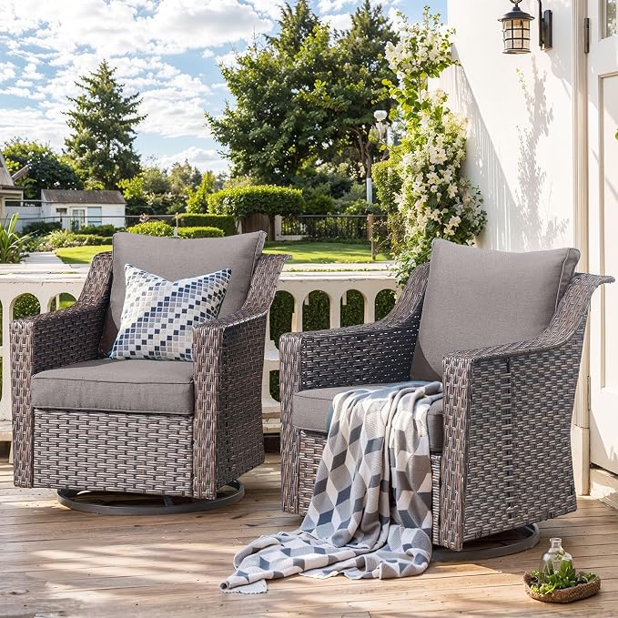 Outdoor Swivel Rocker Patio Chairs-Outdoor Swivel Chair with High Back Patio Chairs for Deck Balcony Poolside Backyard-Brown/Grey