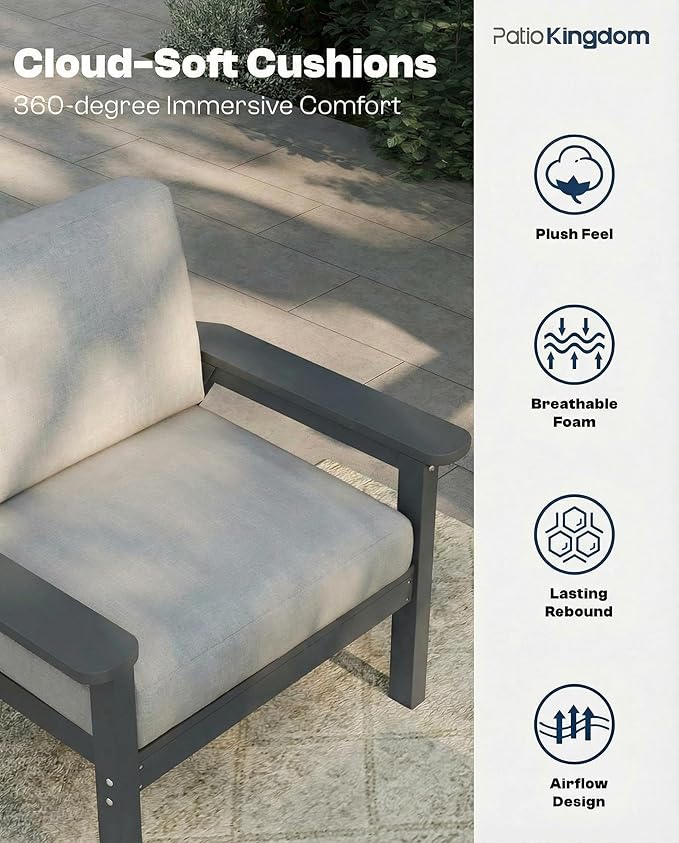 Patio Furniture Set 2 Seats, HDPE Outdoor Sectional with Gray Washable Thick Cushions, Coffee Table, Patio Conversation Sets for Lawn, Garden, Porch, Balcony, Deck (Grey Frame)