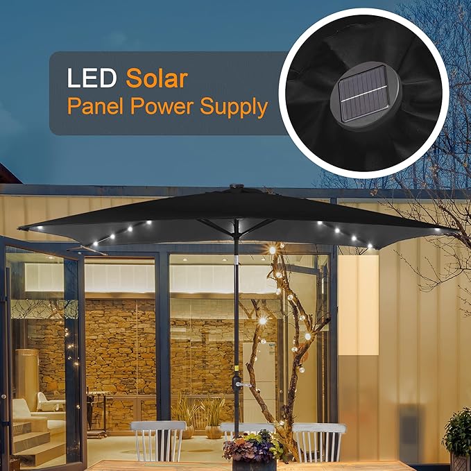 Rectangle Patio Umbrella with Solar Lights, 6x9ft Outdoor Rectangular Table Market Umbrella Patio with Push Button Tilt and Crank for Pool, Deck, Garden,Backyard