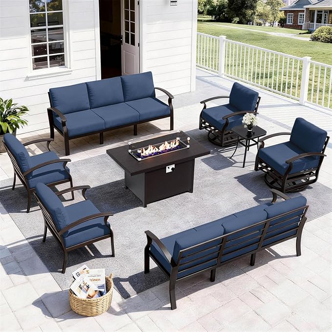 ALAULM Aluminum Patio Furniture Set with Propane Fire Pit Table - 10-seat Metal Outdoor Furniture w/Fire Pit Patio Sectional w/5.1" Cushions for Backyard, Poolside - Dark Blue