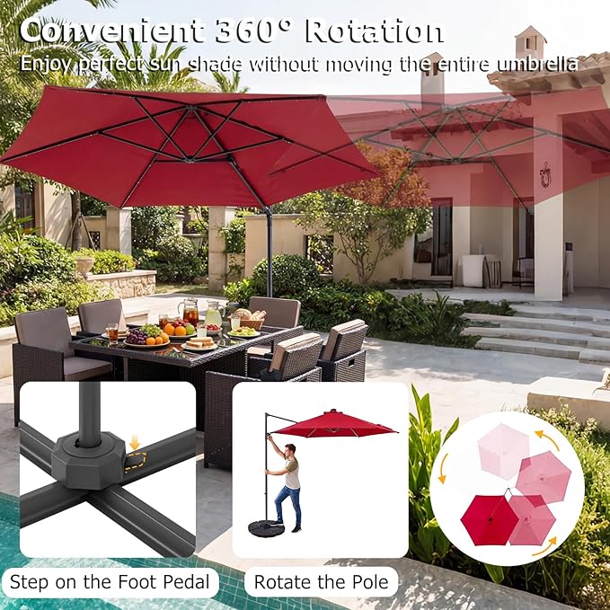 Tangkula 10ft Patio Umbrella with Solar Lights, Offset Cantilever Outdoor Umbrella with LED Lights, 360 Degree Rotation, Air Vent for Pool Deck Garden Backyard (Wine)