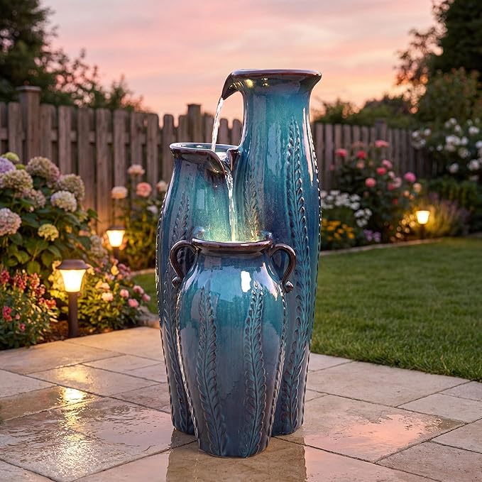 29.5" H Ceramic Outdoor Water Fountain with LED Lights, 3-Tier Vase Cascading Water Feature, Turquoise with Embossed Leaf Patterns, Tranquil Waterfall for Garden, Patio, Yard, or Porch