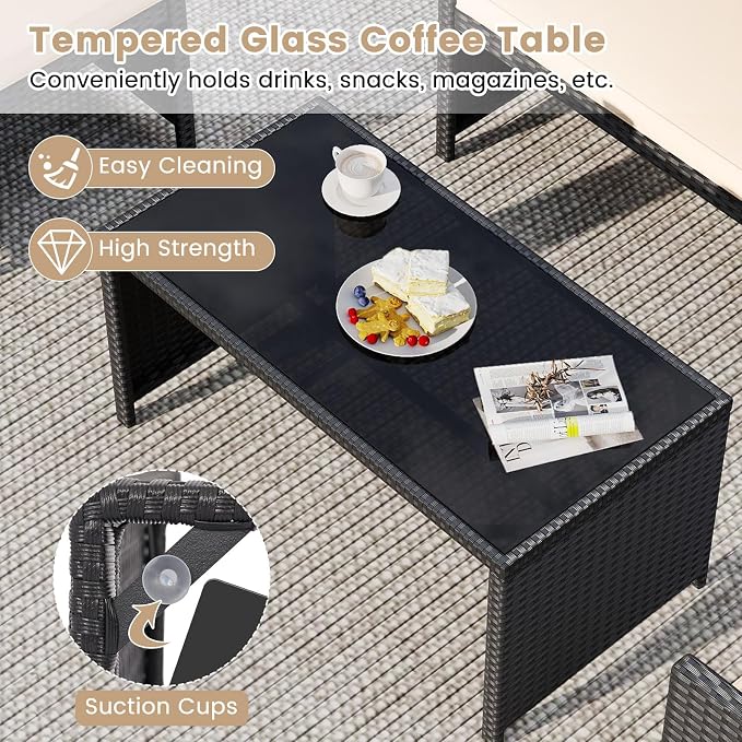 Tangkula 8 Pieces Patio Wicker Furniture Set, Outdoor Heavy Duty Rattan Cushioned Chairs, Loveseat and Tempered Glass Coffee Table, for Backyard, Balcony, Poolside (2, Off White)
