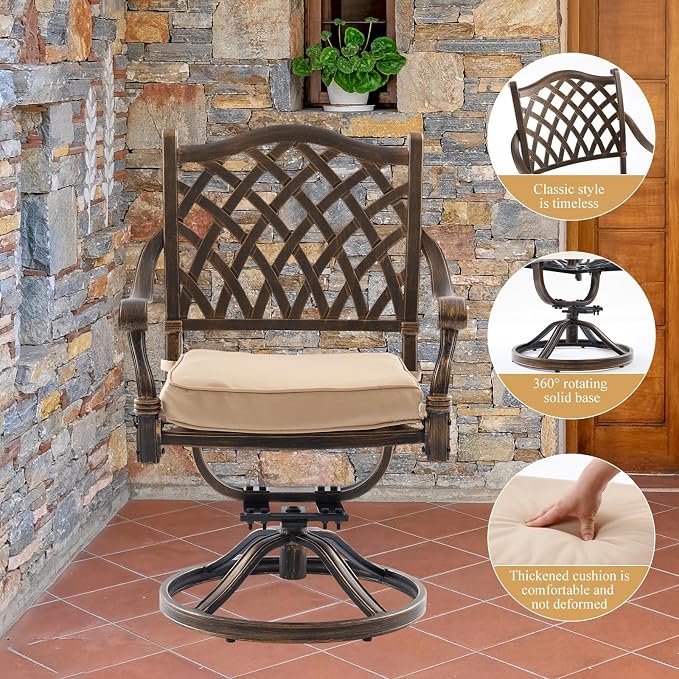 7-Piece Cast Aluminum Outdoor Dining Set, Antique Bronze Patio Furniture for 6 Includes 60" Rectangular Dining Table, 4 Stackable Chairs & 2 Swivel Chairs with Cushions & Umbrella Hole