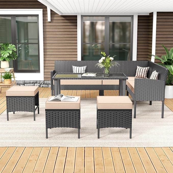 7-Piece Outdoor Patio Furniture Set, All-Weather Wicker Sectional Sofa with Cushions and 3 Pillows, Long Tempered Glass Coffee Table, Rattan Conversation Set for Garden, Porch, Lawn, Khaki