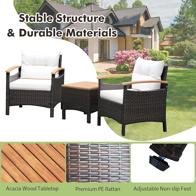 KOTEK 3 Piece Patio Furniture Set, Outdoor Conversation Set with Removable Cushions, Acacia Wood Tabletop and Armrests, PE Rattan Wicker Bistro Set for Porch, Balcony, Backyard (White), Onesize