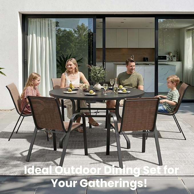 Soohow Outdoor Dining Set for 6, 7-piece Outdoor Patio Dining Set 6 x Stackable Patio Chairs & 1 x Round Table with Umbrella Hole, All-Weather Outside Table and Chairs for Backyard, Balcony, Porch