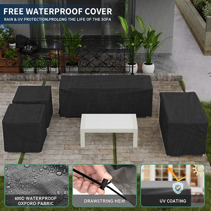 Amopatio Aluminum Patio Furniture Set, 7 Pieces Modern Patio Conversation Sets, Outdoor Sectional Metal Sofa with Coffee Table for Balcony, Garden, Dark Grey (Included Waterproof Covers)