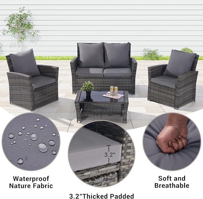 Patio Furniture Set 4 Pieces of Outdoor Furniture, Wicker Conversation Sectional Sofa Set Patio Table and Chairs with Cushion and Glass Table for Patio Backyard Lawn