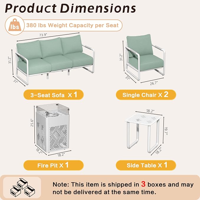 5-Seat Outdoor Aluminum Patio Set with 45,000 BTU Fire Pit Table, 6.5" Thick Cushions & Wide Seating, All-Weather for Pool, Balcony, Garden, White