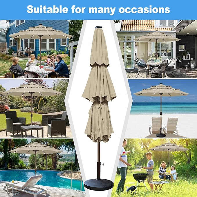 Eurmax USA 10-Year-Non-Fading 10FT 3-Tier Outdoor Patio Market Umbrella with LED Lights,UPF50+ UV Resistant,Commercial Grade,Crank Lift Design,Windproof Vented Top for Garden,Pool,Deck,Antique Beige