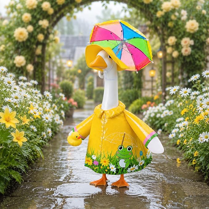 GJL Raincoat Porch Goose Outfits Fit 23 Inch Plastic Cement Goose Statue, Lawn Goose Clothes Set with Umbrella and Hat for Spring Summer Outdoor Yard Garden Decor