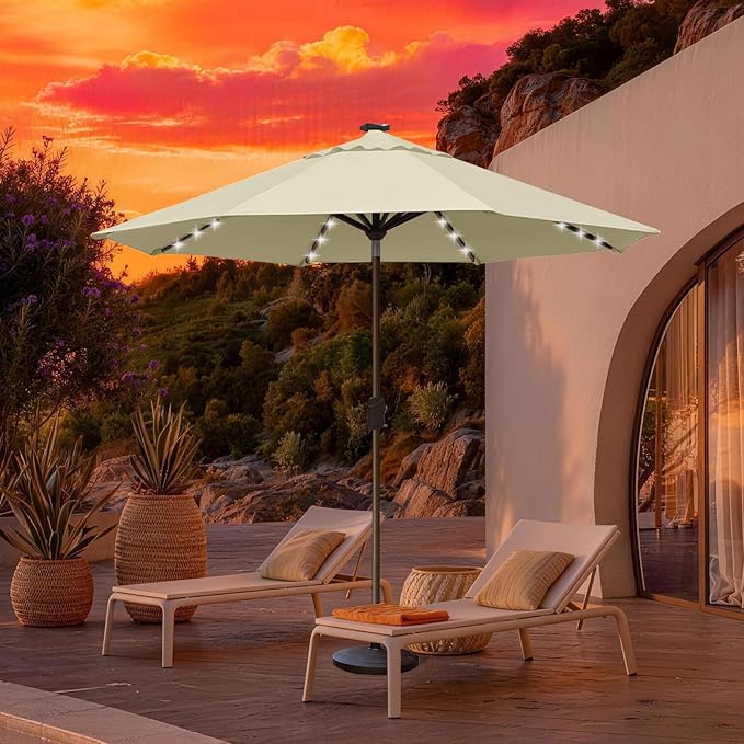 EliteShade USA 10-Year-Non-Fading 10ft Market Patio Umbrella, Commercial Grade Table Sun Umbrella with 80 Solar LED Lights, Crank Open, Windproof & UPF 50+ UV Protection for Garden, Deck, Pool, Backyard, Natural