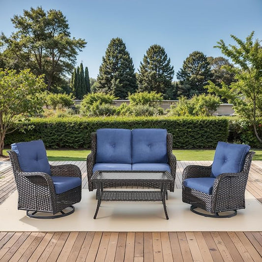 Patio Loveseat Glider Set, Resin Wicker Loveseat Glider with 2 Swivel Patio Chiars and Coffee Table, 4 Piece Patio Bistro Set Furniture Set Loveseat Set, Brown Wicker|Blue Cushions