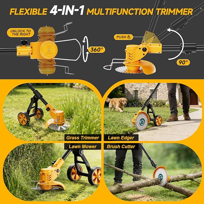 Electric Weed Wacker Cordless with Wheels,Electric Weed Eater Battery Powered,4 in 1 Grass Trimmer/Brush Cutter/Grass Edger/Small Lawn Mower,No String Trimmer with Metal Blade,2 Battery (Yellow)
