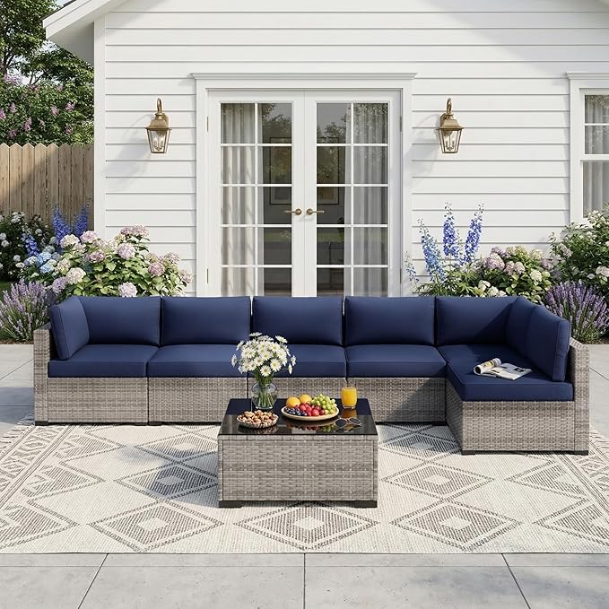 Patio Furniture Set 7 Pieces Conversation Set Wicker Outdoor Sectional Sofa,Ergonomic Armrests Couch with Cushion and Glass Table (Grey White-Navy, 7 Piece-Single)