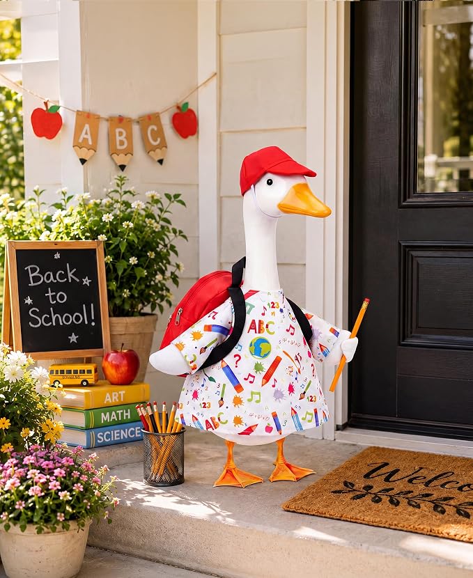 Back to School Porch Goose Outfits, First Day of School Lawn Goose Outfit Set with Dress Hat Schoolbag Pencil Goose Costume for School Classroom Outdoor Porch Garden Patio Yard Lawn Decor