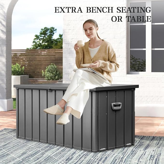 Domi 100 Gallon Deck Box, Metal Outdoor Storage Box with Lock Wheels, Waterproof Outside Storage Box for Patio Cushions