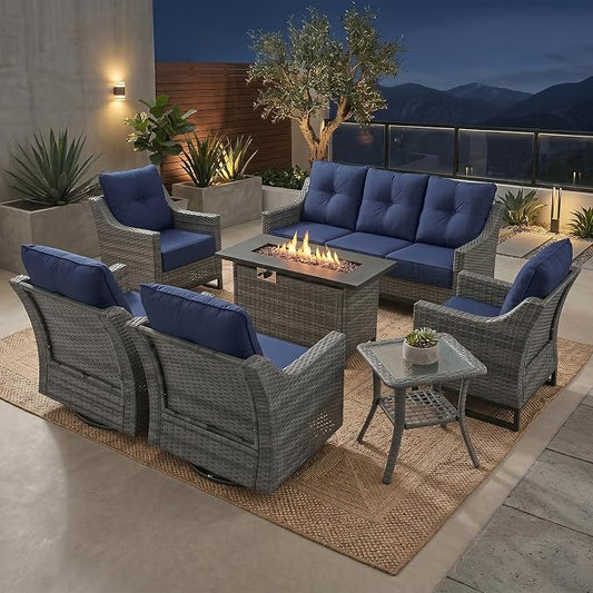 7 Piece Patio Furniture Set With Fire Pit ,360°Swivel Patio Chairs Set of 2,Cozy 60,000 BTU Rectangle Fire Pit Table ,2 Wicker Chairs,Sofa,Outdoor Side Table,All-Weather Wicker Patio Set For Outdoor
