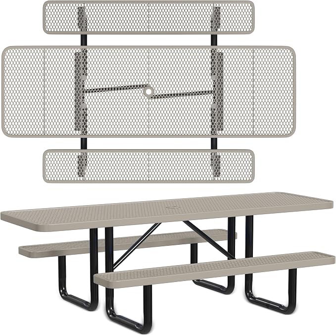 Leisure Craft Metal Picnic Table with Bench - 8 ft Rectangle Outdoor Dining Table with Umbrella Hole, Heavy Duty Thermoplastic Coating, ADA Compliant, Commercial Grade Furniture Made in USA - Beige