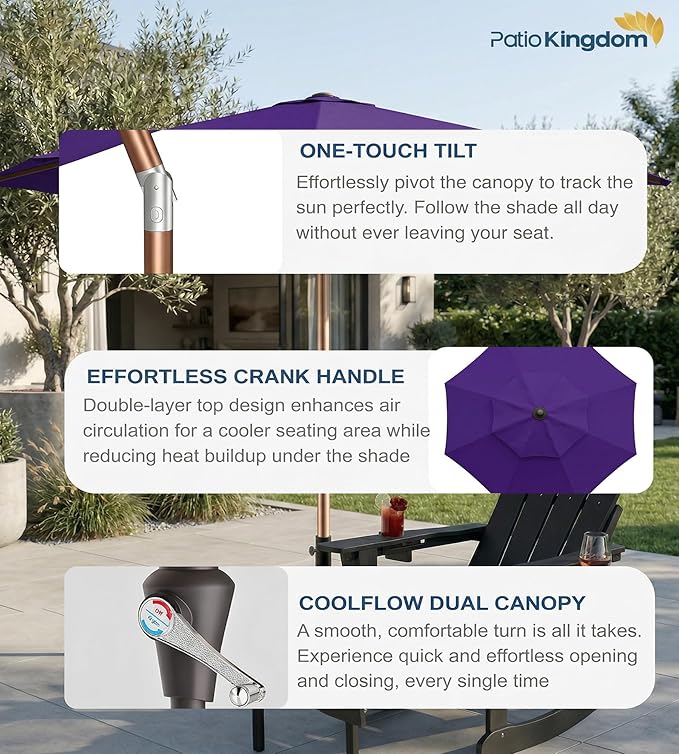PatioKingdom 10FT Patio Umbrella with Push Button Tilt and Crank, Outdoor Market Umbrella with 8 Fiberglass Ribs, UV Protection Table Umbrella for Pool,Backyard,Garden,Deck
