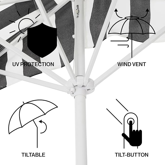 JONATHAN Y Beverly 9 ft. Coastal Black and White Striped Half Patio Umbrella with Scalloped Fringe, Crank Lift, and Manual Tilt for Balcony, White Pole UMB1201H