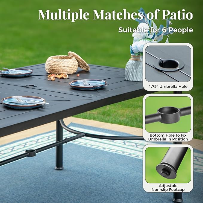 MIXPATIO Patio Dining Set for 6, Outdoor Metal Table and Swivel Chairs Set, 7 Piece Patio Furniture Set with Umbrella Hole for Backyard Deck