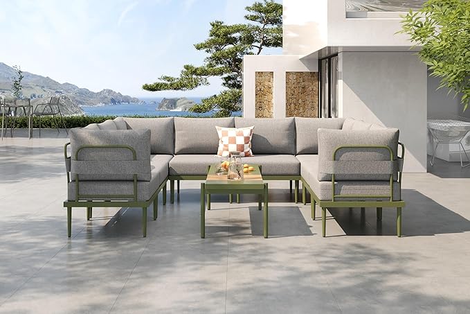 Metal Patio Furniture Set, 9 Pieces Outdoor Sectional Couch Sets with Coffee Table, U Shaped Outdoor Conversation Set with 6" Thick Cushion for Deck, Patio & Courtyard (Gray/Green)