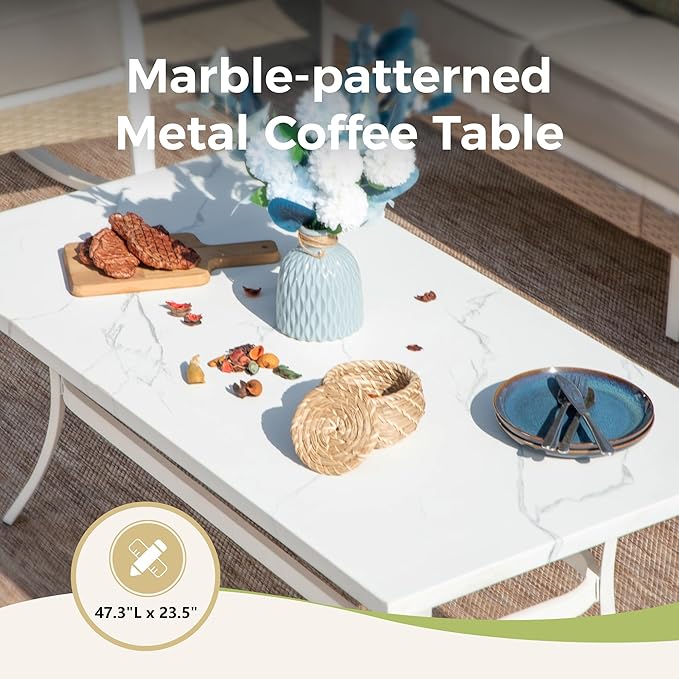 4 Piece Patio Furniture Set, 2 x Rocking Chair, 1 x 3-Seat Sofa with Marbling Coffee Table, All Cushioned 5 Seats Outdoor Conversation Set for Lawn Deck Backyard, Beige