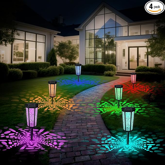 4 Pack Solar Pathway Landscape Lights - RGB Color Changing & Warm White Outdoor Waterproof Solar Yard Lights, 2 Lighting Modes for Garden, Patio, Walkway, Driveway & Sideway