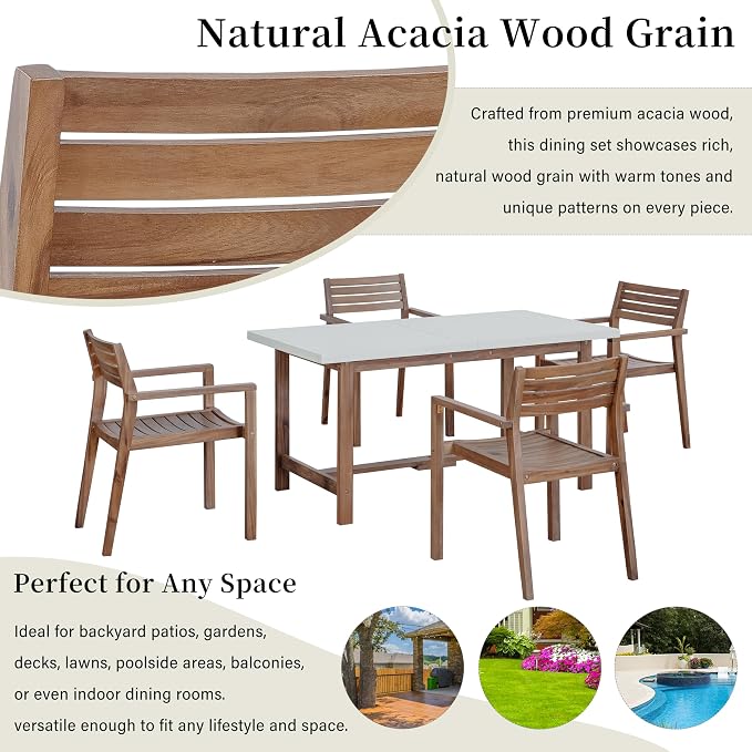 5 Pieces Outdoor Acacia Wood Dining Table Set for 4 with 59" Rectangular Table with Umbrella Hole and 4 Chairs, Modern Patio Dinner Set for Backyard, Garden, Poolside or Indoor, White Natural