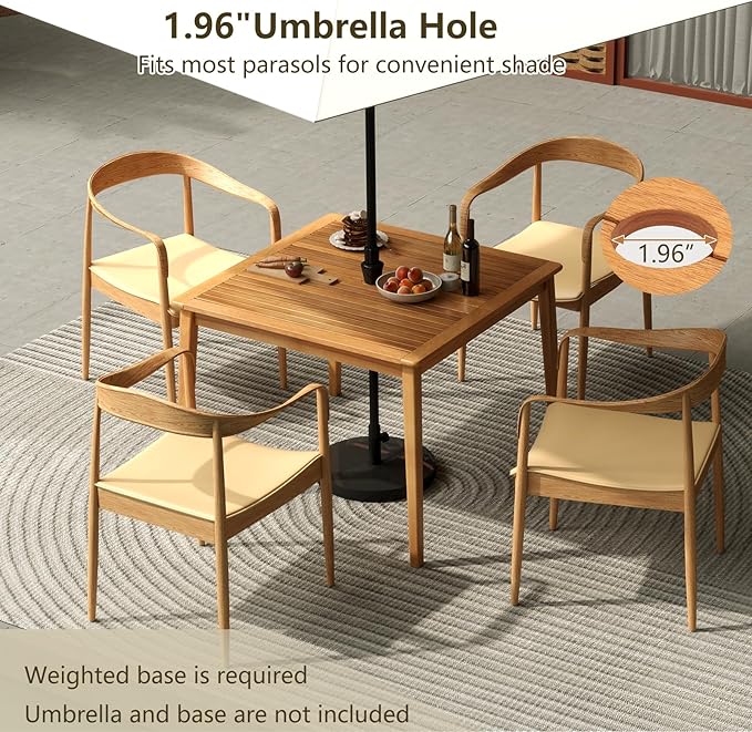 RELAX4LIFE Wooden Outdoor Dining Table for 4, 40" Square Acacia Wood Slatted Patio Table w/Umbrella Hole, Indoor Outdoor Bistro Table for Backyard Porch Garden, 4-Person Patio Dining Table