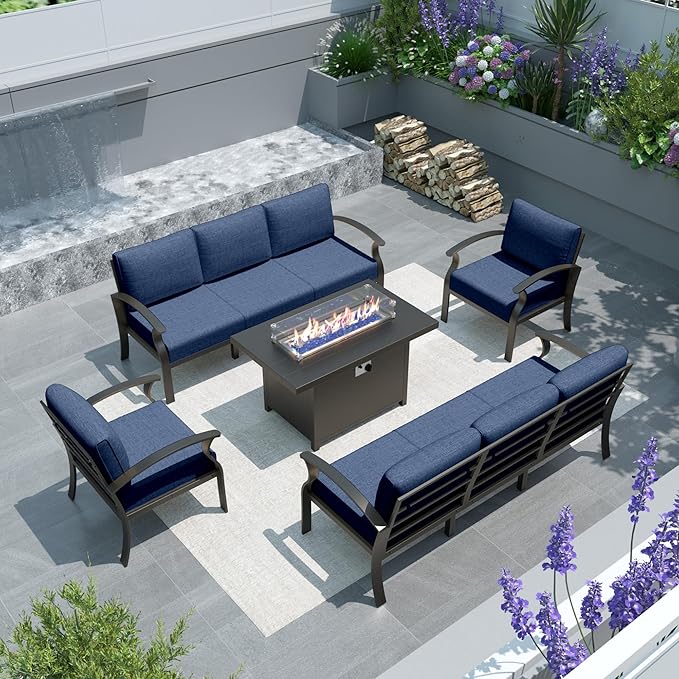 Gotland Aluminum Patio Furniture Set, Metal Outdoor Furniture with 45’’ 55,000 BTU Fire Pit Table 5.1’’ High-Resilience Seat Cushions, 5 Piece Patio Set Patio Conversation Sets for Backyard, Navy