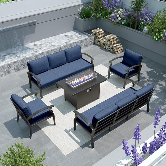 Gotland Aluminum Patio Furniture Set, Metal Outdoor Furniture with 45’’ 55,000 BTU Fire Pit Table 5.1’’ High-Resilience Seat Cushions, 5 Piece Patio Set Patio Conversation Sets for Backyard, Navy