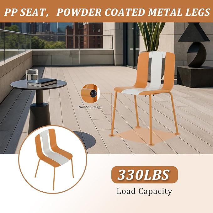 LUMISOL 5 Piece Outdoor Dining Table Set, All Weather Square Table and Chairs Set with Striped Color Block Chairs and Sturdy Metal Legs for Garden, Backyard, Poolside, Beige+Orange+White
