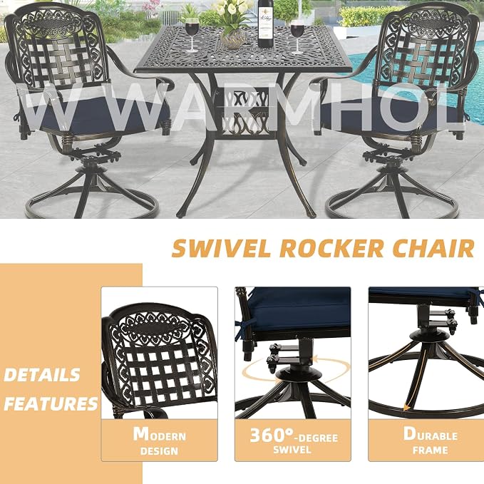 5 Piece Patio Dining Set, Outdoor Table and Chairs Set for 4 Cushioned Swivel Rocking Chairs and 35.4'' Square Table, All-Weather Cast Aluminum Patio Funiture Set, 2.2'' Umbrella Hole, Navy