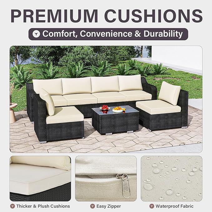 7-Piece Outdoor Patio Furniture Set – Handwoven All-Weather Rattan & 4” Thick Waterproof Cushions, Wicker Outdoor Conversation Sets with Coffee Table for Deck, Backyard, Garden, Black/Beige