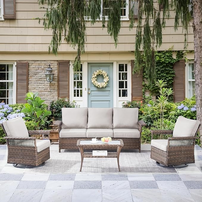 Patio Furniture Set 2 Wicker Swivel Glider Chairs Sofa with PE Rattan Coffee Table Brown Wicker Beige Cushions Patio Conversation Set 4pcs for Garden Balcony Sunroom Backyard