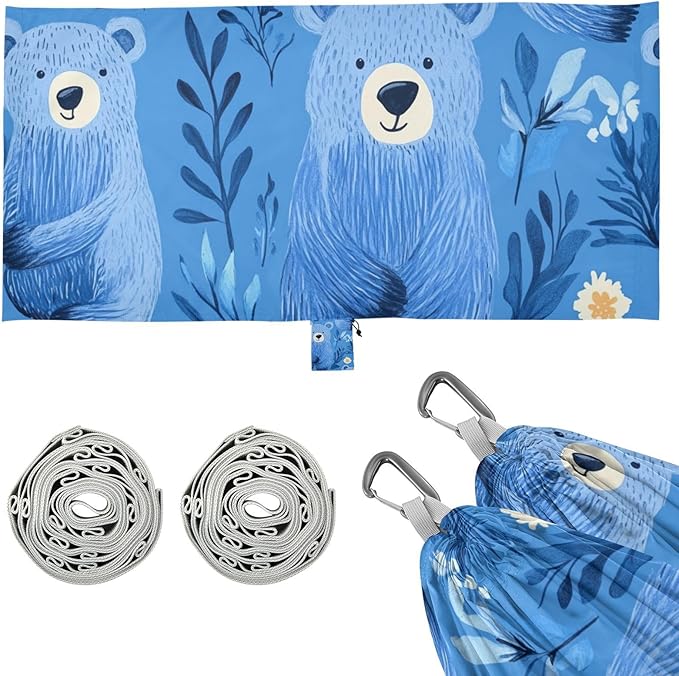 Cartoon Cute Blue Bear 330lb Capacity Camping Hammocks with Portabl Carry Bag Hanging Hammock for Outside Camping Essentials Base de hamaca para adultos