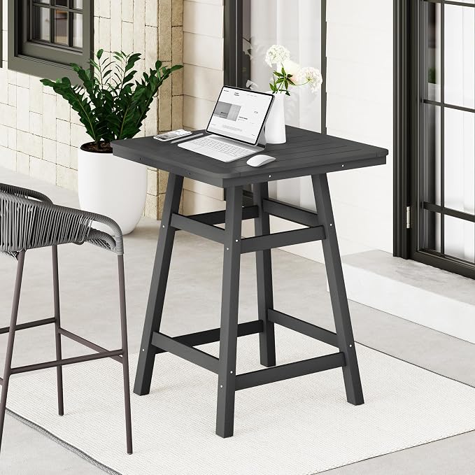 Costaelm Outdoor Bar Table, 37" Counter Height Square Patio Cocktail Bar Table with Umbrella Hole, Patio Bistro Dining Pub Table for Front Porch Deck Backyard Garden, Gray