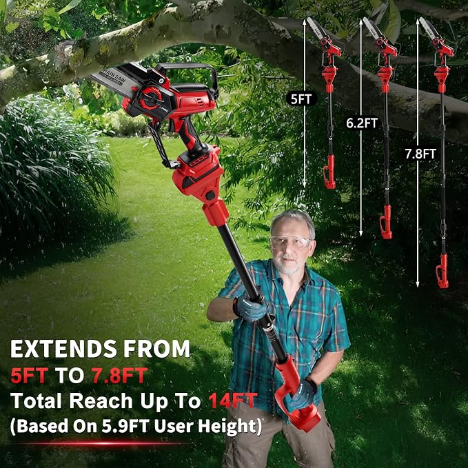 2-in-1 8 Inch Electric Pole Saw for Milwaukee 18V Battery, Brushless Cordless Mini Chainsaw with Extension Pole & 3 Chains, Auto Oiler, 14.5 FT Max Reach for Tree Trimming Branch Cutting (No Battery)