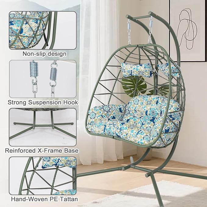 2 Person Double Hanging Egg Chair, Oversized Wicker Rattan Loveseat Swing Chair, Heavy Duty 600lbs Capacity, Foldable Basket Hammock Chair with Thick Cushion for Indoor Outdoor Patio Bedroom
