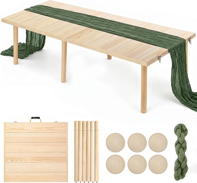 60" Folding Picnic Table with Table Runner & 6 Placemats, Solid Wood Portable Low Picnic Table for Seating 6, Wooden Foldable Table for Outdoor Camping, Beach, Boho Party, Patio (Natural)
