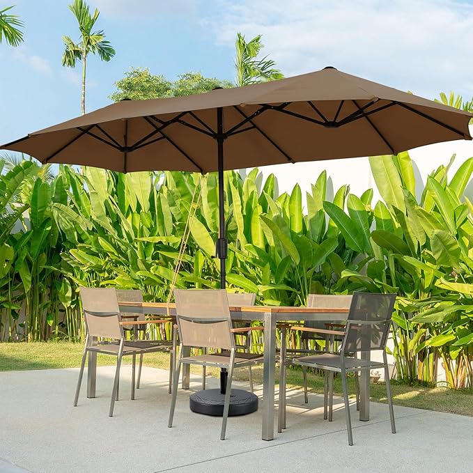 13Ft Large Patio Umbrella with Base Outdoor Double-Sided Market Extra Large Table Umbrella Easy Crank for Yard, Poolside, Deck-Coffee