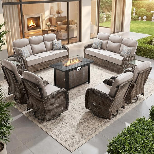 Outdoor Swivel Rocking Chair Patio Set (9pcs) High-Back - Thick Cushion Swivel Rocking Chair Patio with Fire Table Set, All-Weather Wicker Patio Furniture Set, Suitable for Balcony Patios, Brown/Beige