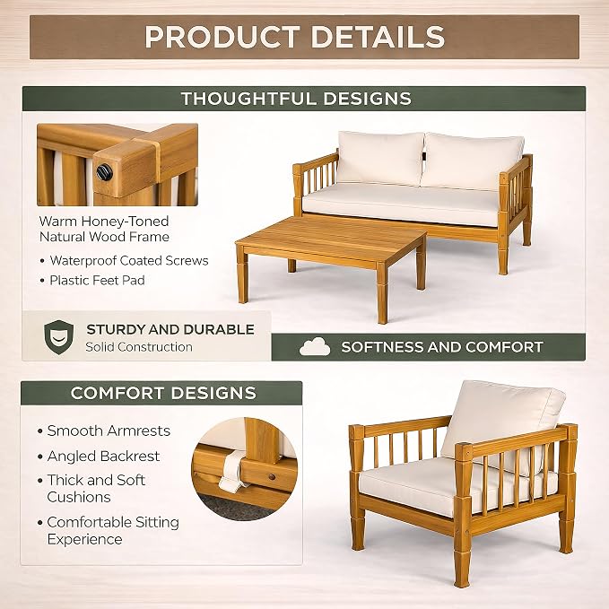 4 Piece Patio Furniture Set, Acacia Wood Modern Outdoor Conversation Set with Thick Removable Washable Cushions, All Weather Wooden Patio Seating Set for Poolside, Backyard, Balcony & Front Porch
