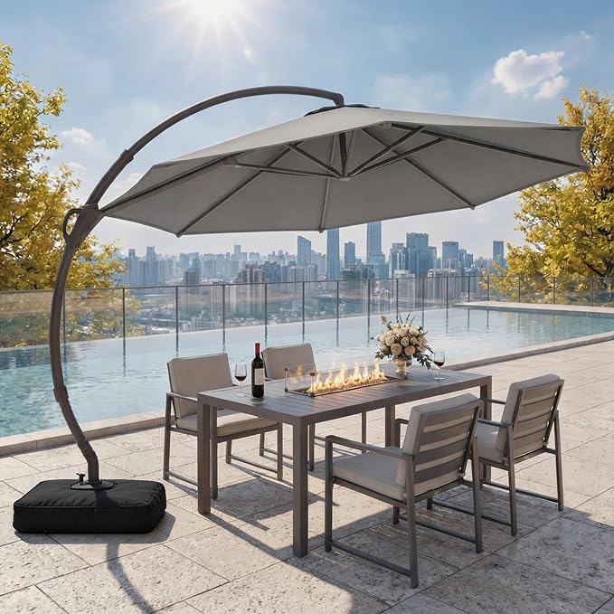 LAUSAINT HOME 12ft Patio Cantilever Umbrella with Base Included, Outdoor Curvy Round Offset Umbrella, Heavy Duty Aluminum, 360° Rotation for Pool, Deck, Lawn, Backyard (Grey)